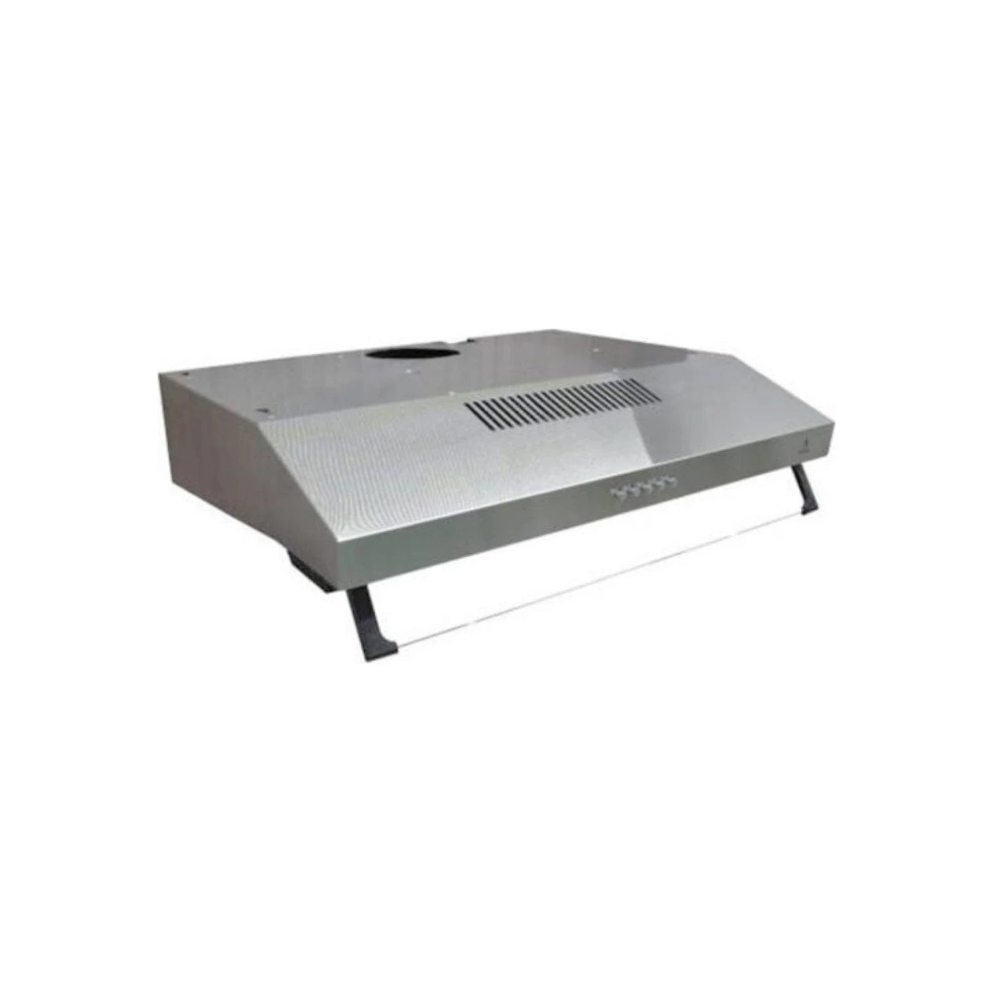 Campana extractora de cocina de acero inoxidable para bajo mueble, con rejillas de ventilación y luz integrada.