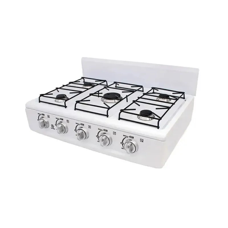 Estufa de gas blanca con 5 quemadores de sobreponer, perillas de control frontales y parrillas negras