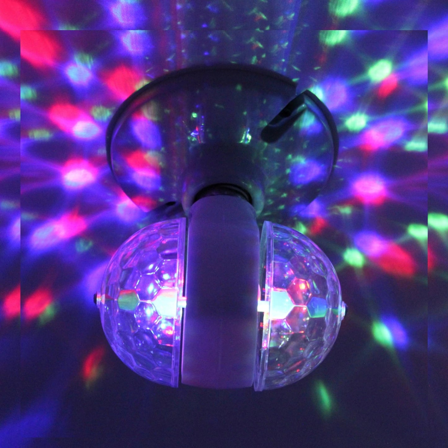 Lámpara de bola giratoria doble multicolor con efectos de luces para fiestas y ambiente