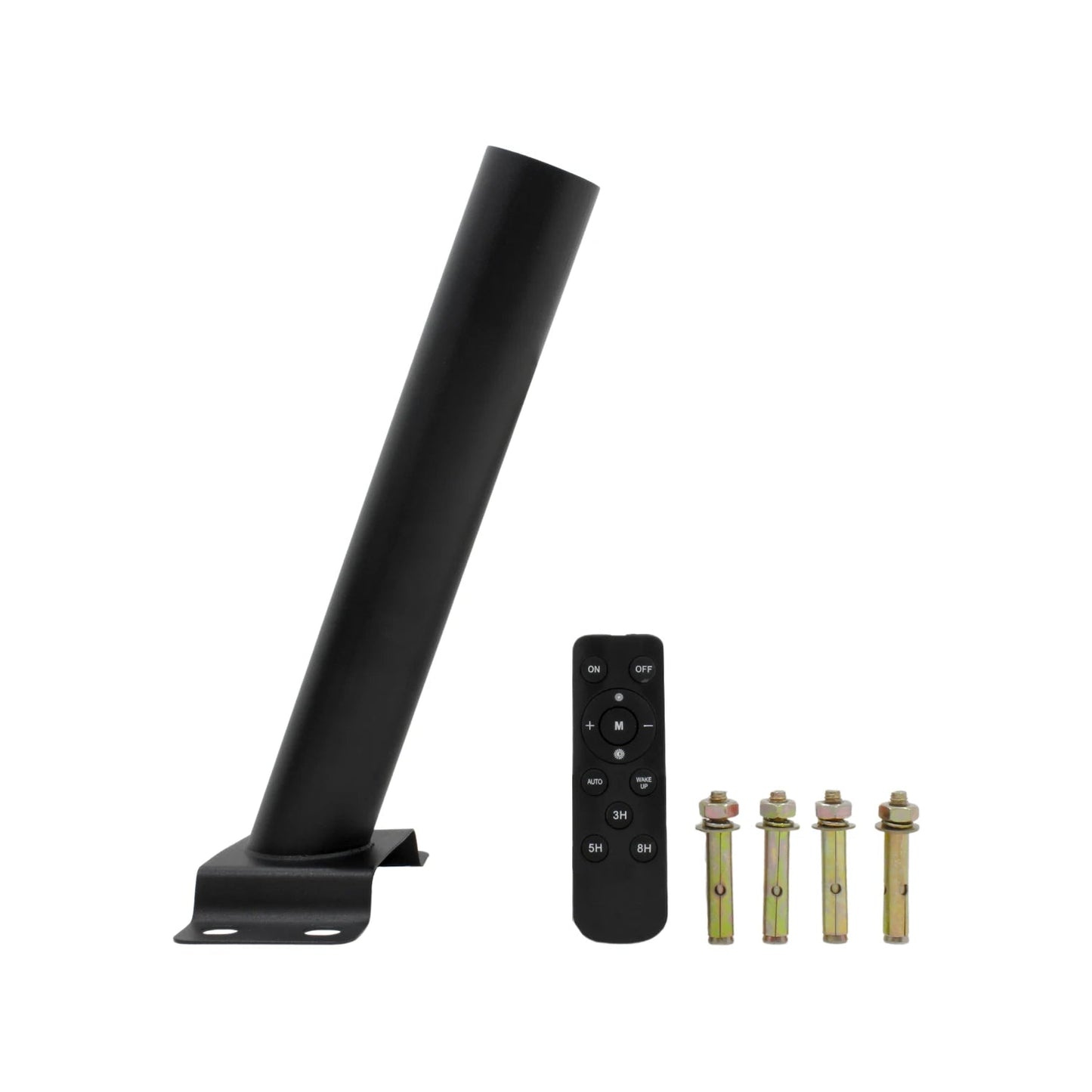 Soporte metálico negro para lámpara solar urbana, mando a distancia y 4 anclajes de expansión para instalación.