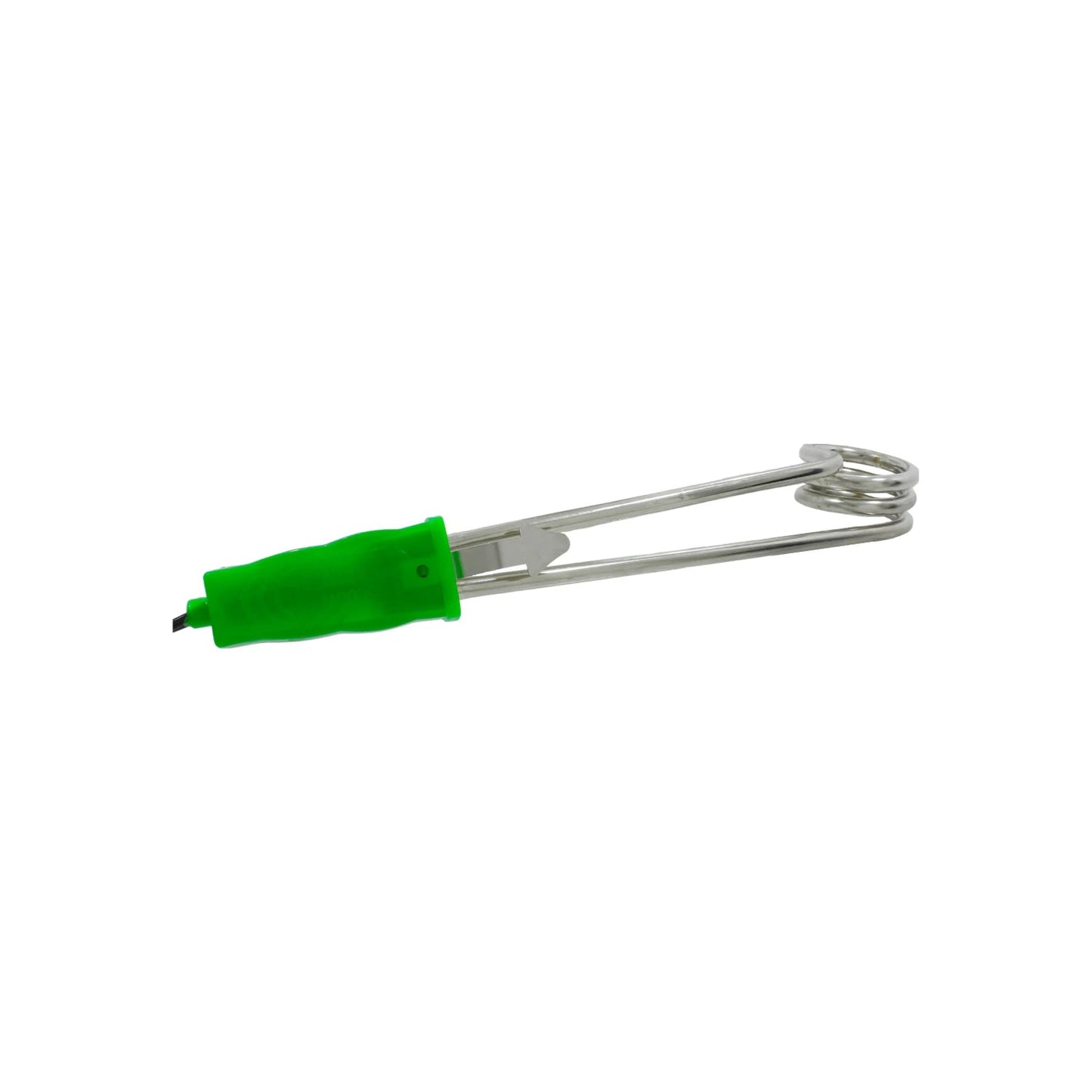 Calentador de agua eléctrico de inmersión portátil con resistencia de acero inoxidable y mango verde.