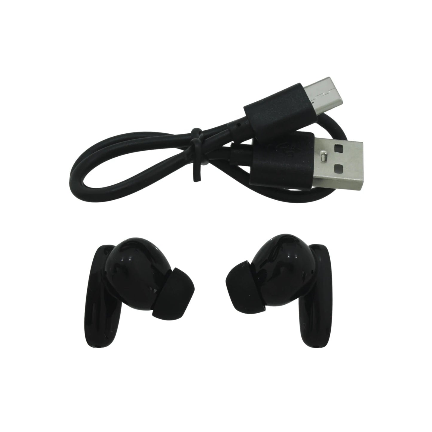 Audífonos inalámbricos negros tipo botón y cable de carga USB-C