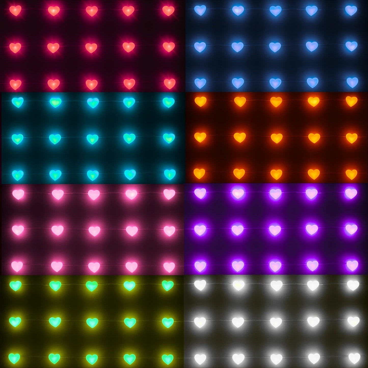 Serie de luces LED decorativas de corazones en vibrantes colores: rojo, azul, cian, naranja, rosa, verde, púrpura, blanco