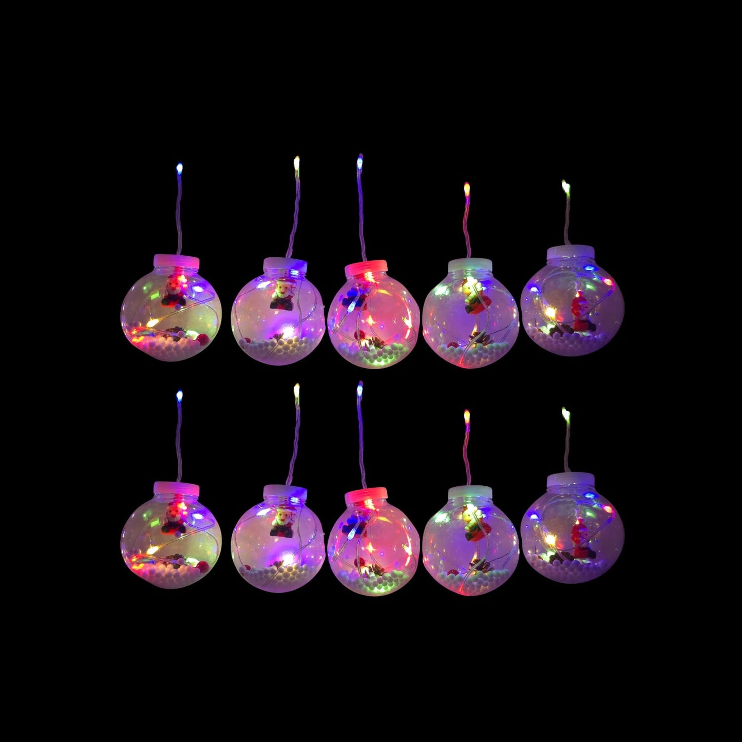 Guirnalda decorativa de 10 focos LED navideños con figuras de Santa Claus, luz multicolor y nieve artificial.