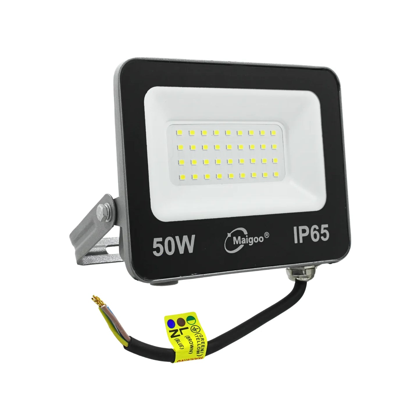 Reflector LED 50W Maigoo IP65 para exterior color negro con soporte ajustable y cables de conexión.