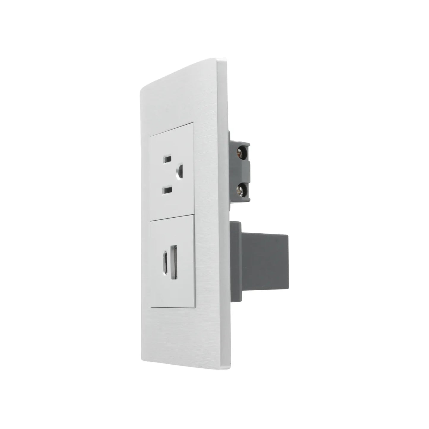 Placa de pared eléctrica con contacto y puerto USB-A, acabado plateado moderno para carga de dispositivos.