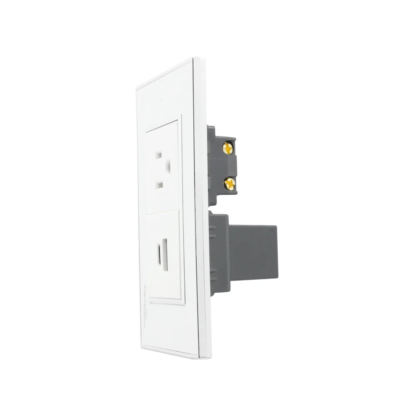 Placa blanca Super Átomo con enchufe de pared y cargador USB-A integrado.