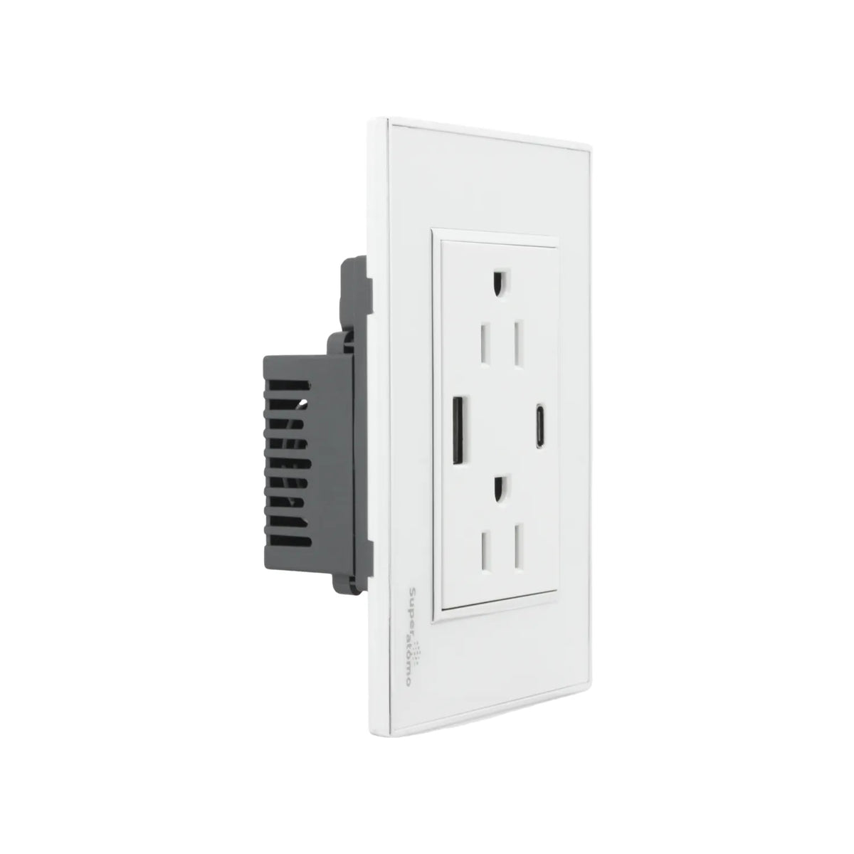 Placa tomacorriente blanca Super átomo con 2 contactos, 1 USB-A y 1 USB-C para carga rápida de dispositivos