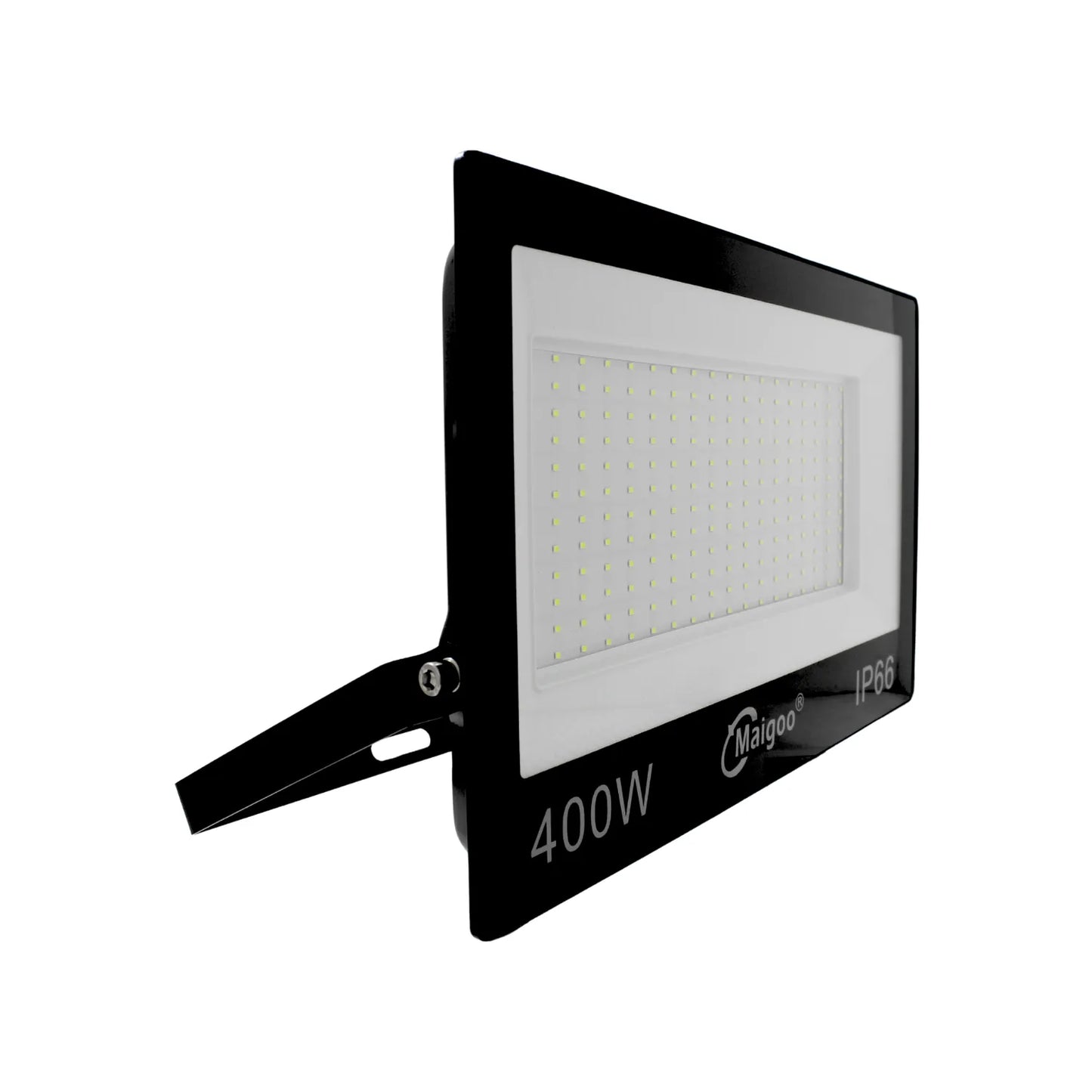 Reflector LED 400W Maigoo IP66 negro para iluminación exterior industrial de gran alcance y potencia.