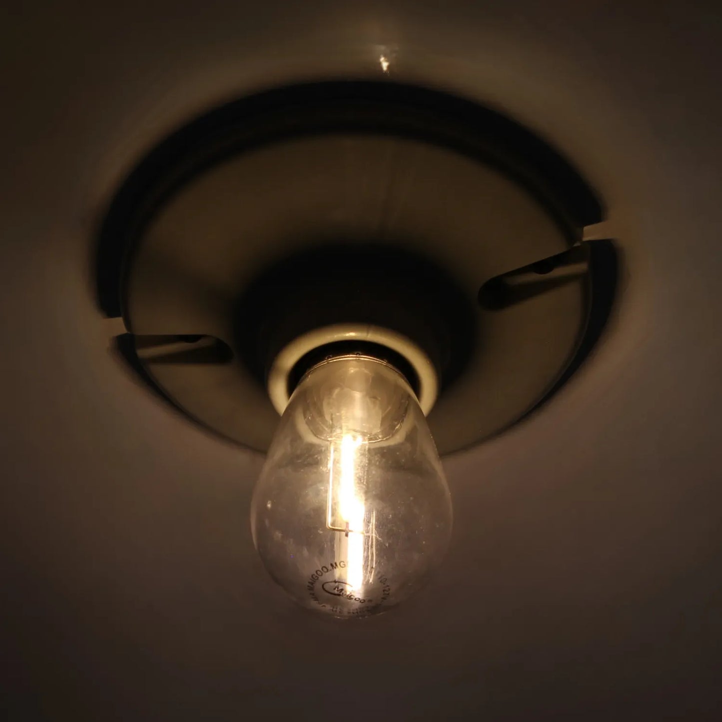 Bombilla transparente Maigoo instalada en base de plafonera redonda para iluminación interior de techo.