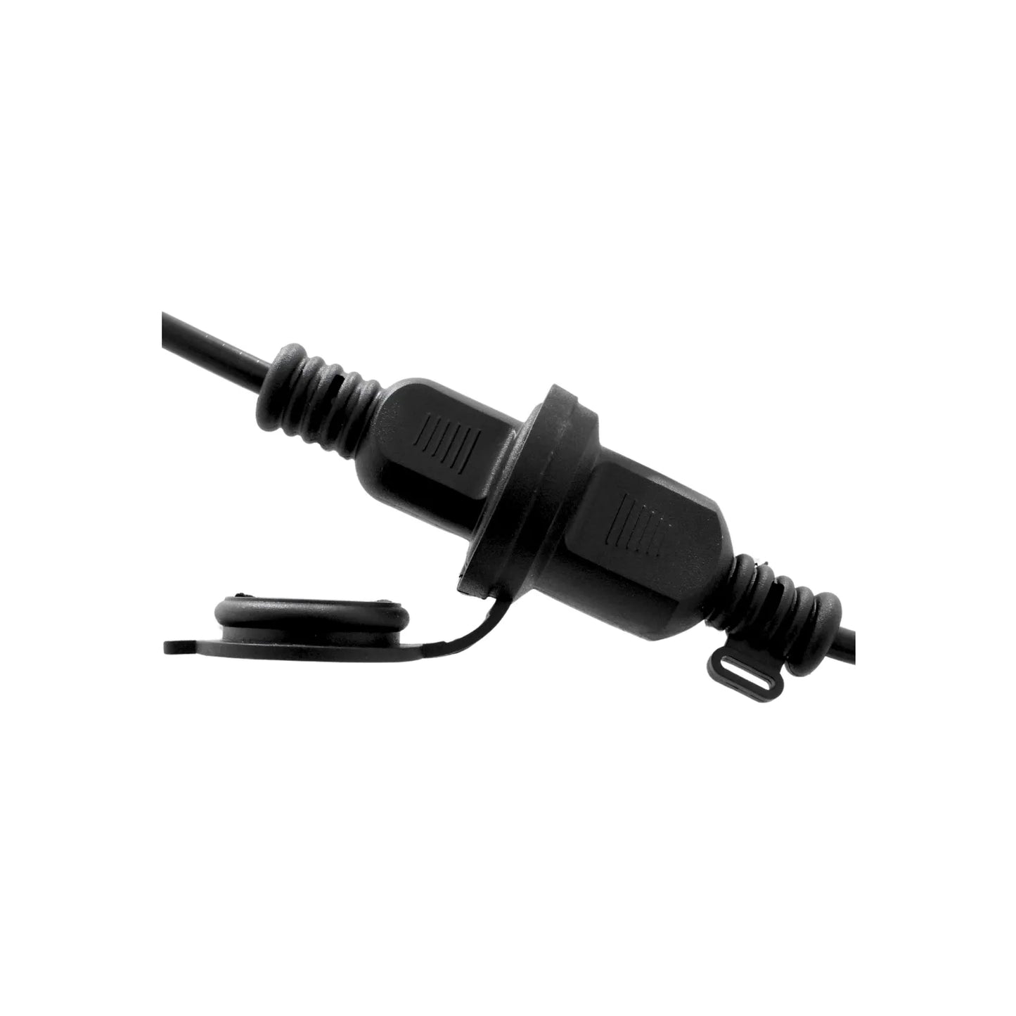 Conector SAE estanco negro con tapa protectora de goma para cables de alimentación en exteriores.