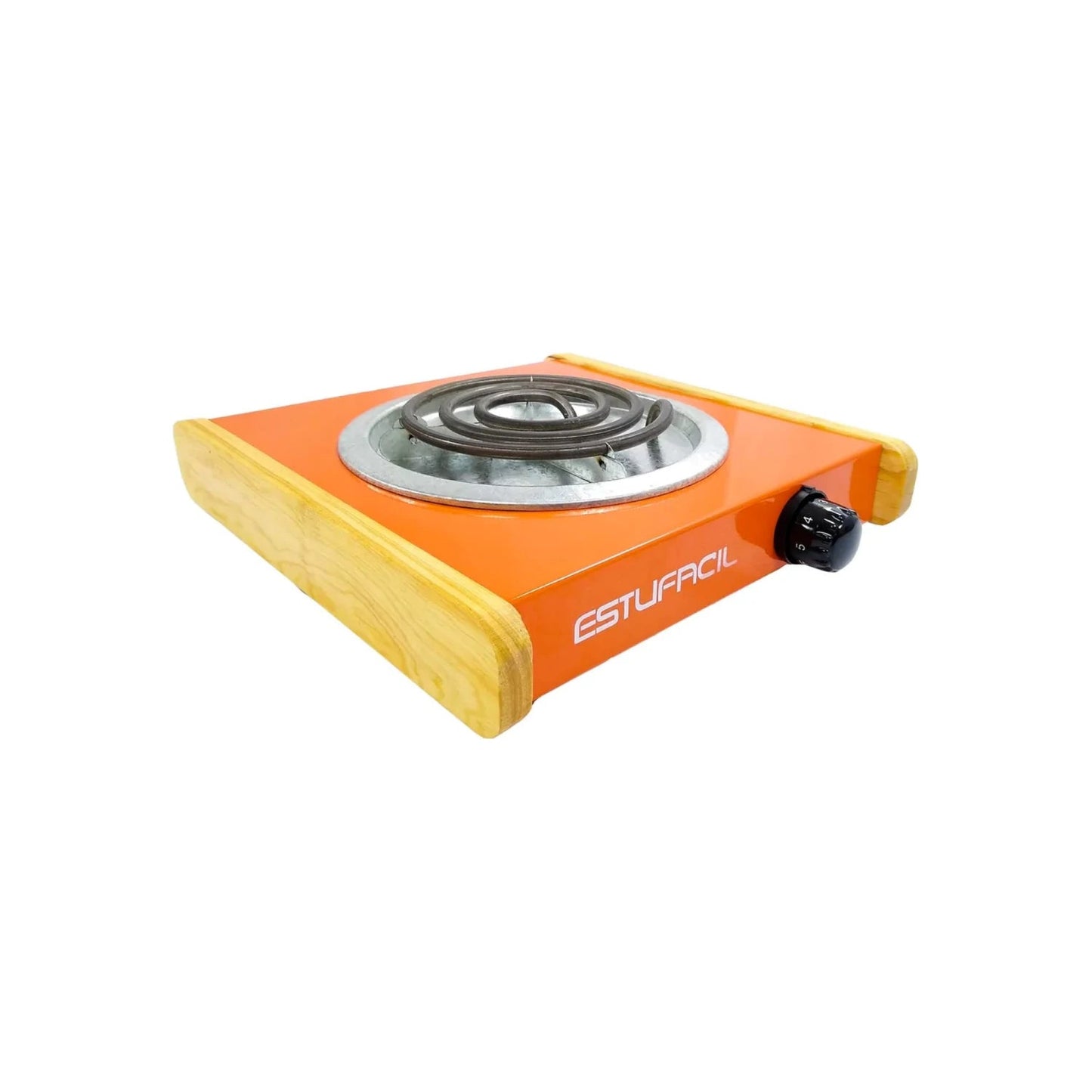 Parrilla eléctrica portátil Estufacil de 1 quemador naranja con base de madera y control de temperatura ajustable