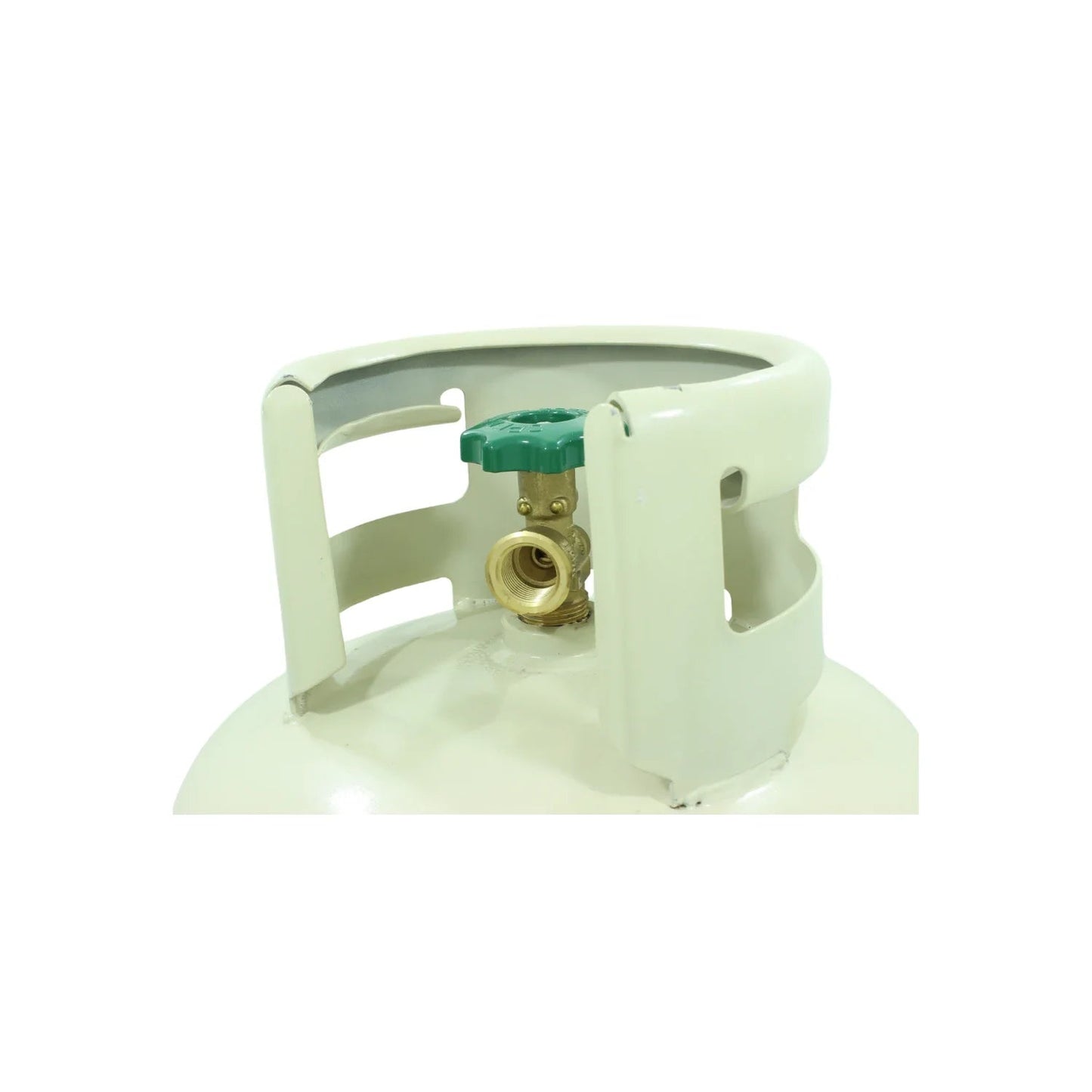 Tanque de gas LP color crema con válvula de latón y manija verde, rejilla protectora robusta