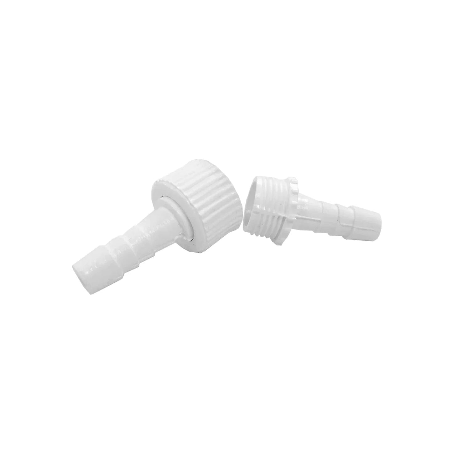 Conexión PVC blanca 1/2"x3/8" para manguera, dos piezas con rosca y espiga, para jardín