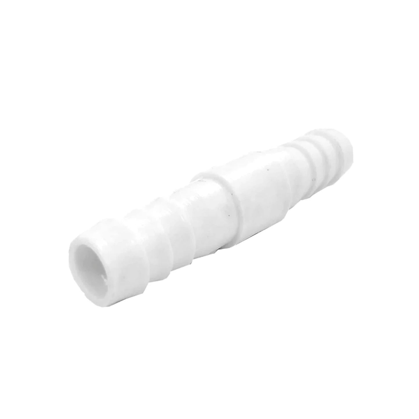 Niple unión de plástico blanco 3/8" para manguera, acople recto con doble púa para conexiones de plomería