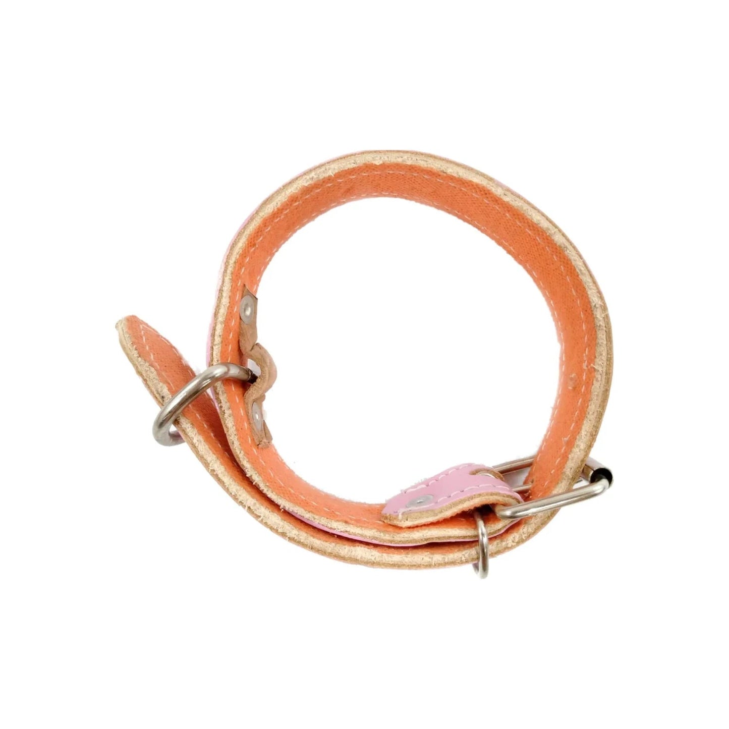 Collar ajustable de cuero bicolor naranja y rosa para mascota con anillas y hebilla metálica