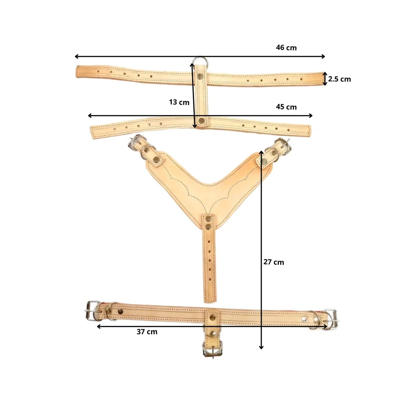Pechera arnés de cuero natural con hebillas, medidas detalladas para ajuste: 46 cm, 45 cm, 37 cm.