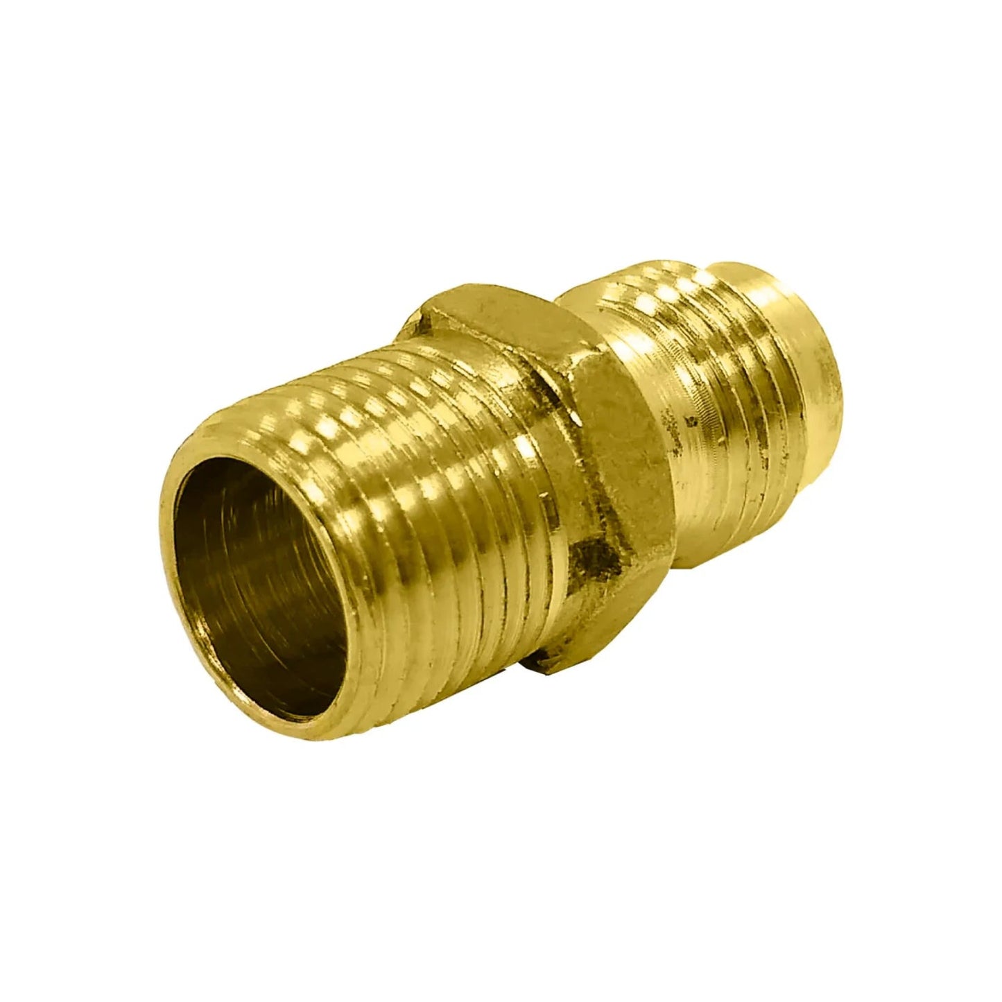 Niple adaptador latón rosca macho NPT a conexión flare para sistemas de gas y plomería.