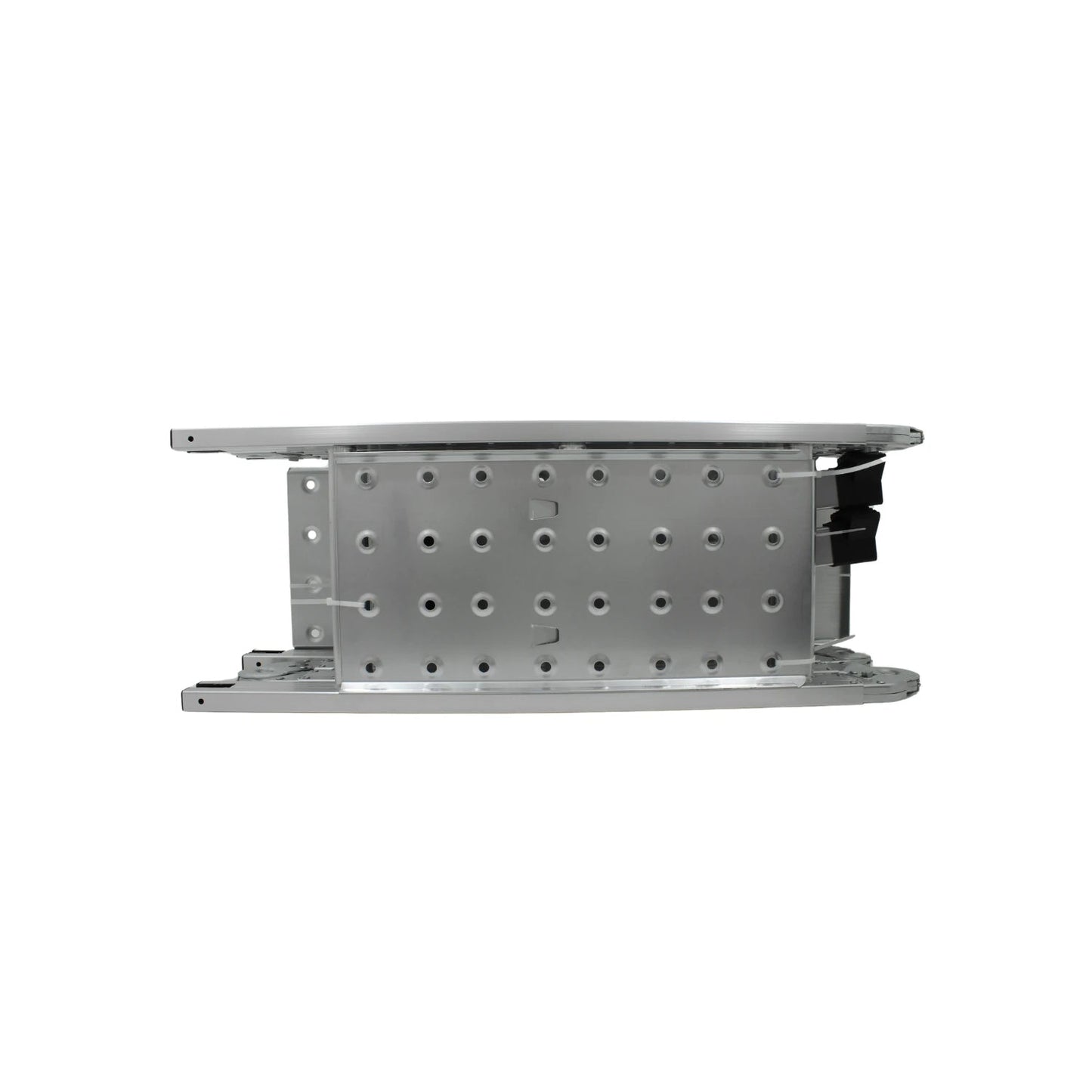 Componente de escalera plegable de aluminio, sección perforada con rieles y ajustes, acabado metálico gris.