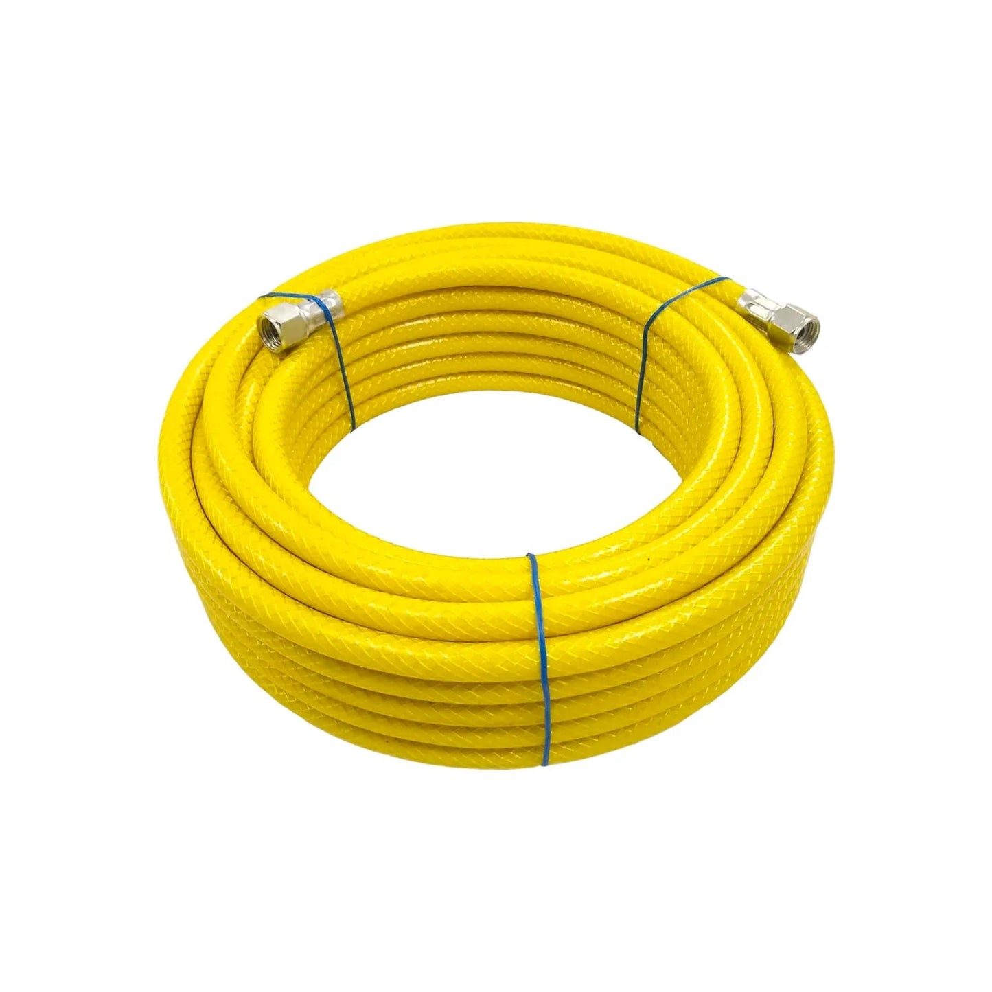Manguera para compresora PVC amarilla, enrollada 1/4x15m, con conectores metálicos