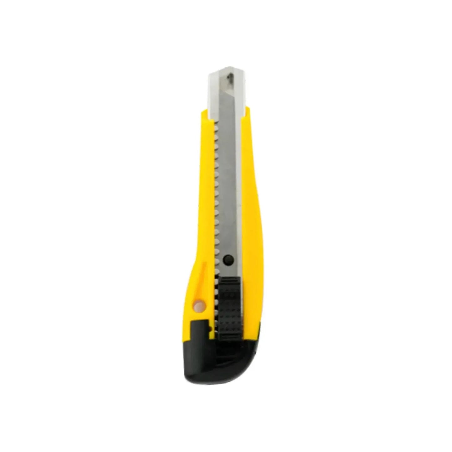 Cúter retráctil con cuerpo plástico amarillo, cuchilla de acero inoxidable y sistema de bloqueo automático de alta resistencia