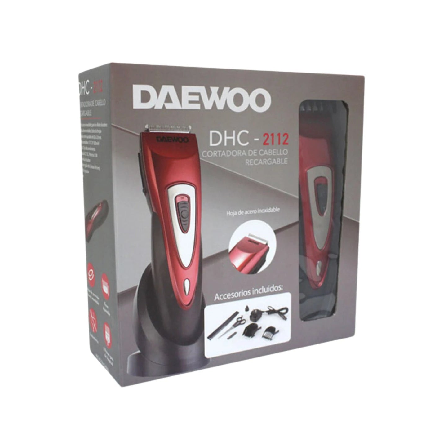 Cortadora de cabello recargable Daewoo DHC-2112 roja, con hoja de acero inoxidable y kit de accesorios.