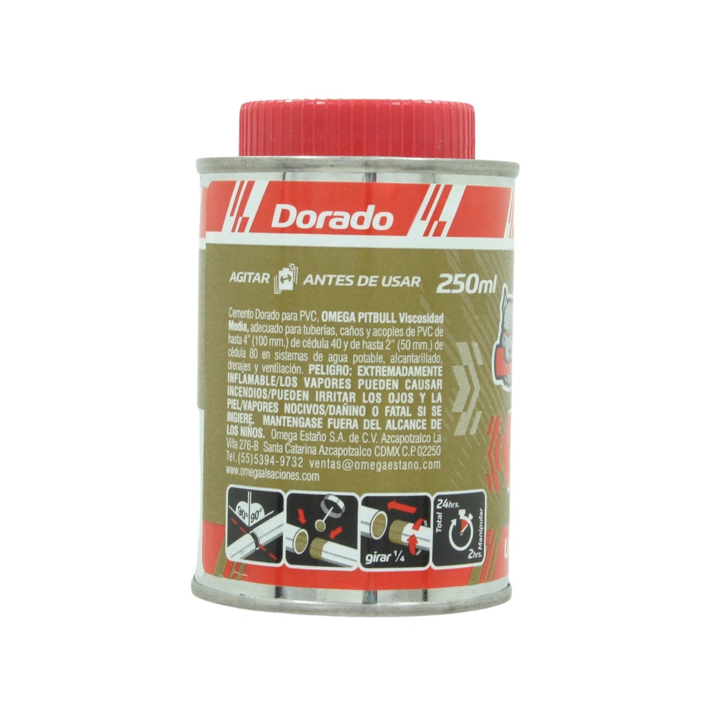 Cemento adhesivo para PVC dorado Omega 250ml para tuberías y uniones de fontanería, secado rápido.