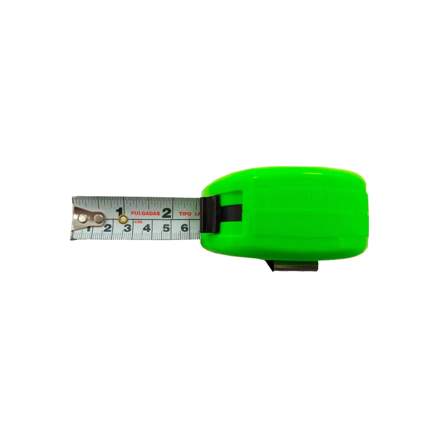 Flexómetro verde vibrante con cinta de acero, escala en cm y pulgadas, ideal para mediciones en construcción.