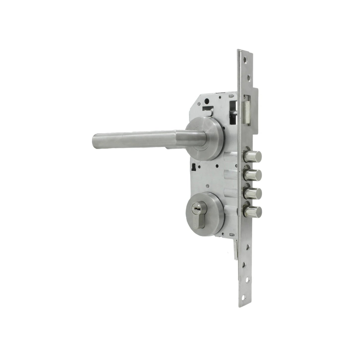Chapa de alta seguridad para puerta de aluminio, mecanismo multipunto con manija y cilindro, acabado metálico.