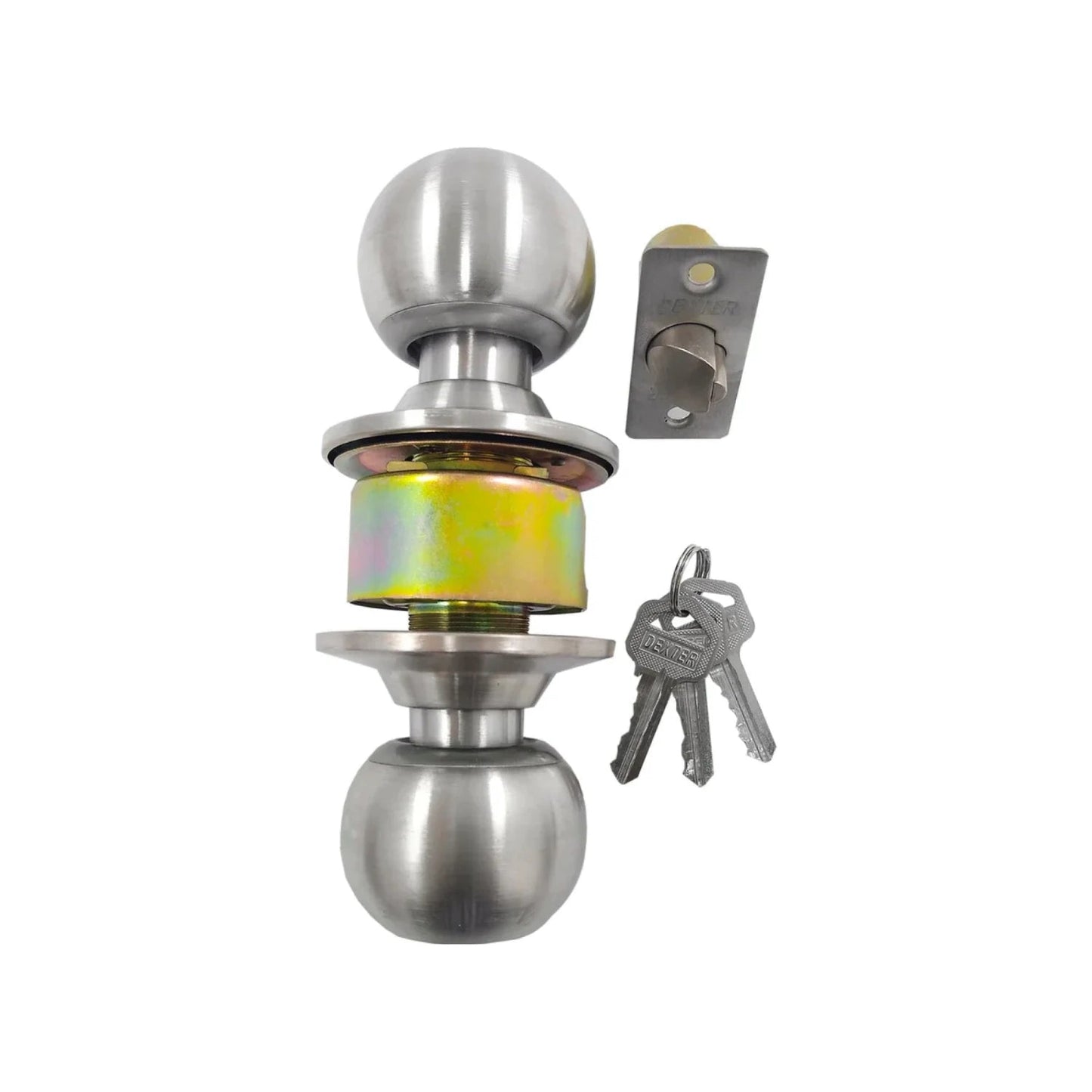 Cerradura de pomo esférico cromado Dexter para puerta interior. Juego completo con llaves, mecanismo y pestillo.