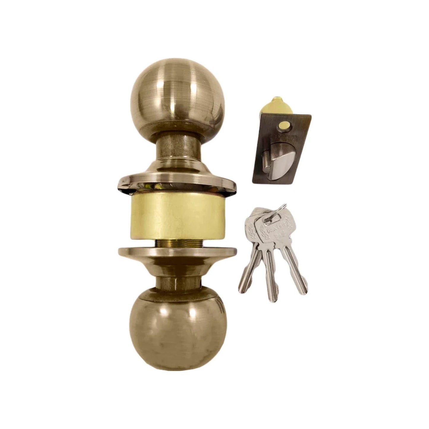 Kit cerradura esférica Dexter para puerta, acabado cobre antiguo, incluye manijas, mecanismo y 3 llaves