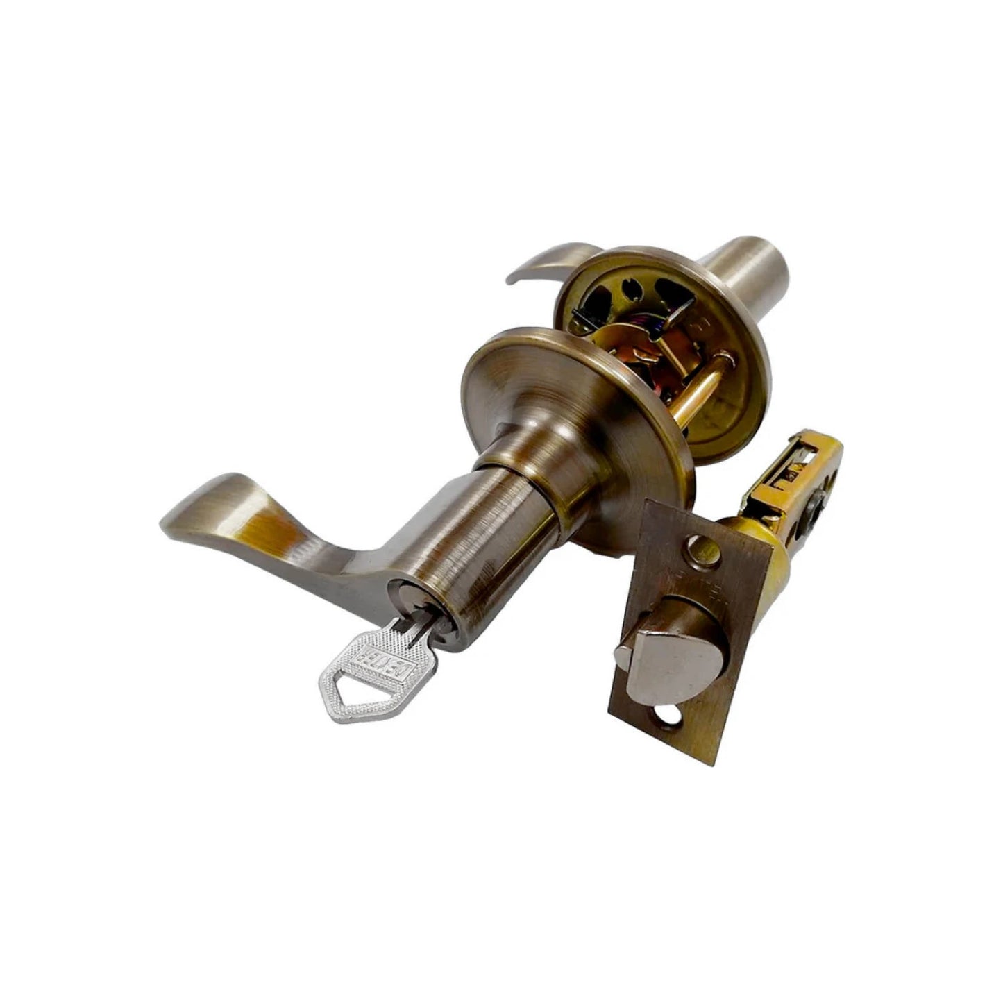 Cerradura de manija con palanca, llave, acabado bronce envejecido para puerta de recámara