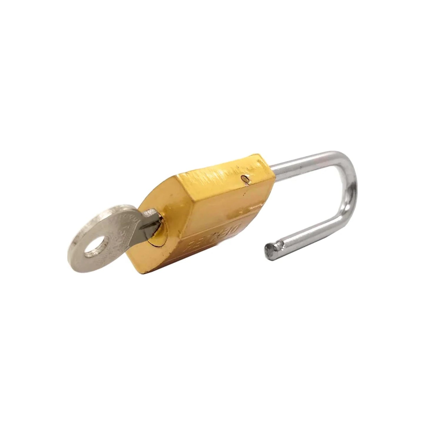 Candado dorado con llave insertada, gancho largo abierto, seguridad para puertas y armarios.