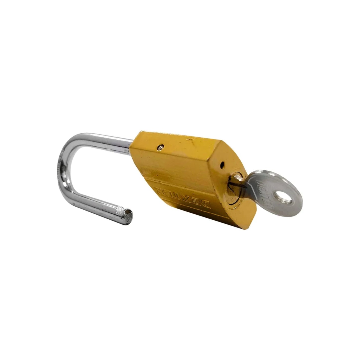 Candado Dexter dorado con gancho largo, abierto y llave insertada, ideal para seguridad.