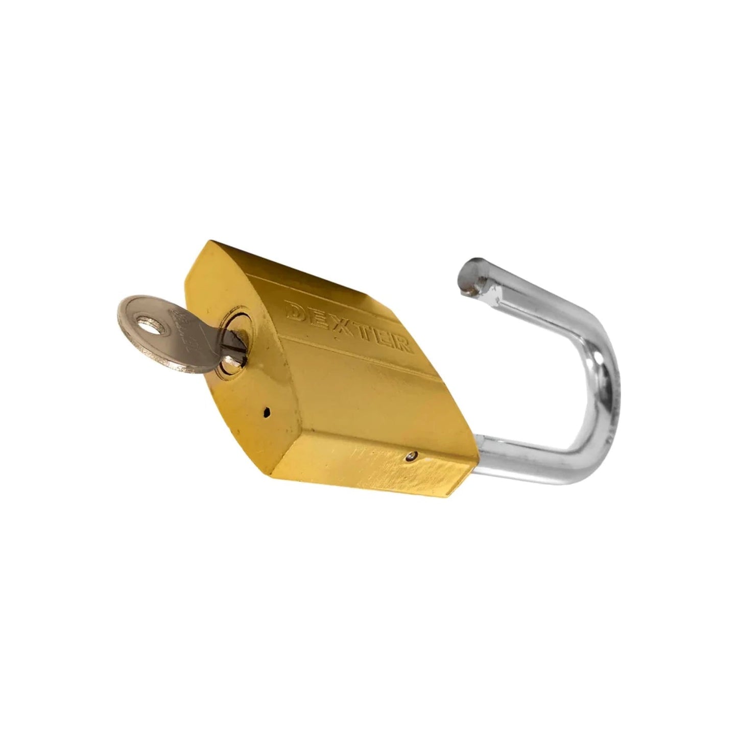 Candado Dexter 60mm dorado de latón, abierto con llave insertada y grillete cromado.