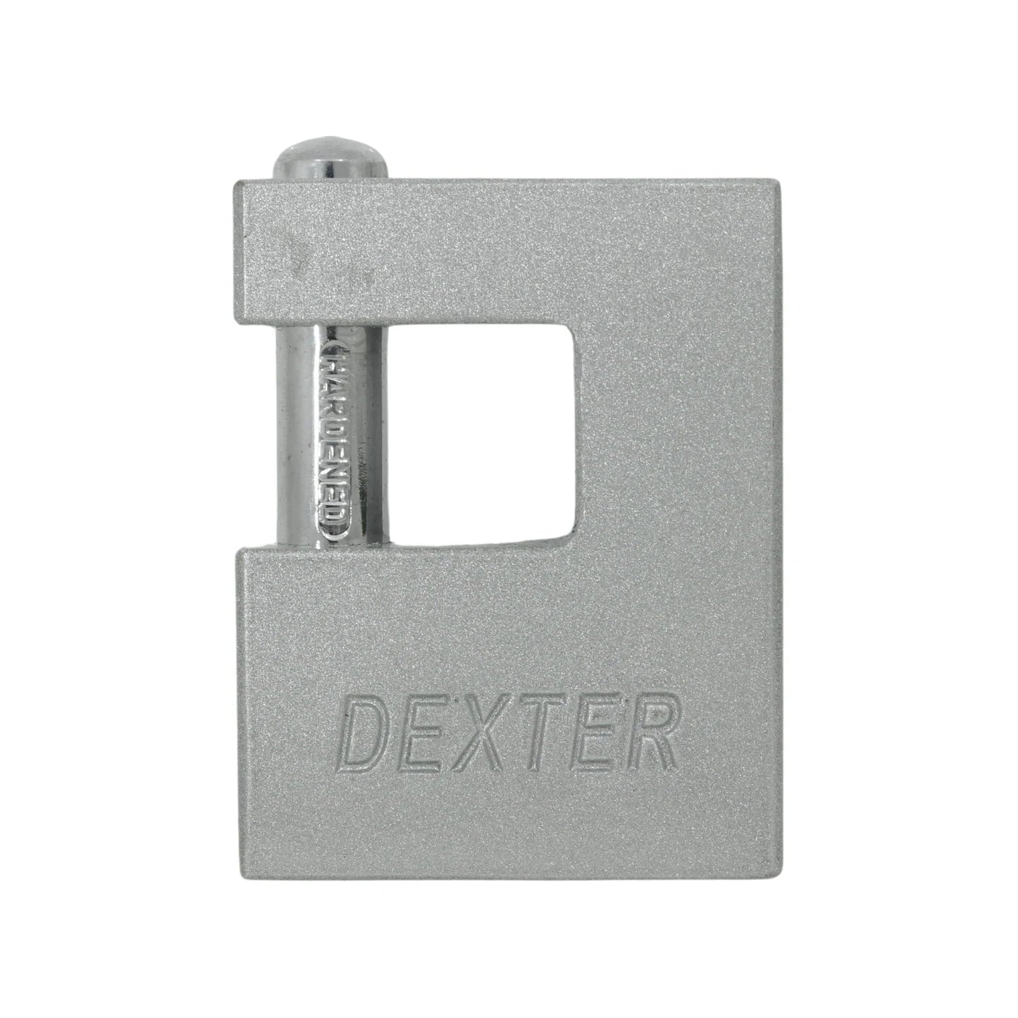 Candado Dexter de seguridad monoblock plateado para cortina, perno endurecido alta resistencia.