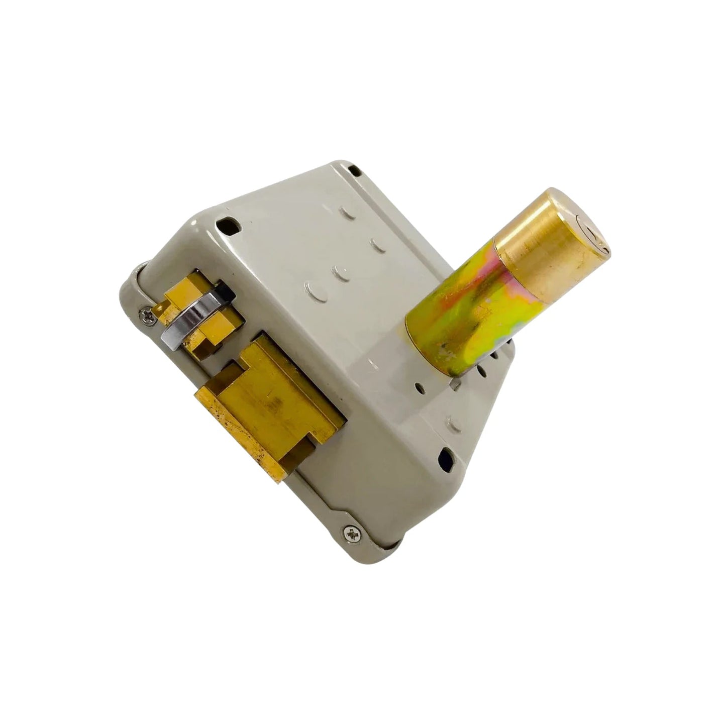 Cerradura eléctrica de sobreponer beige derecha con cilindro de seguridad de latón.