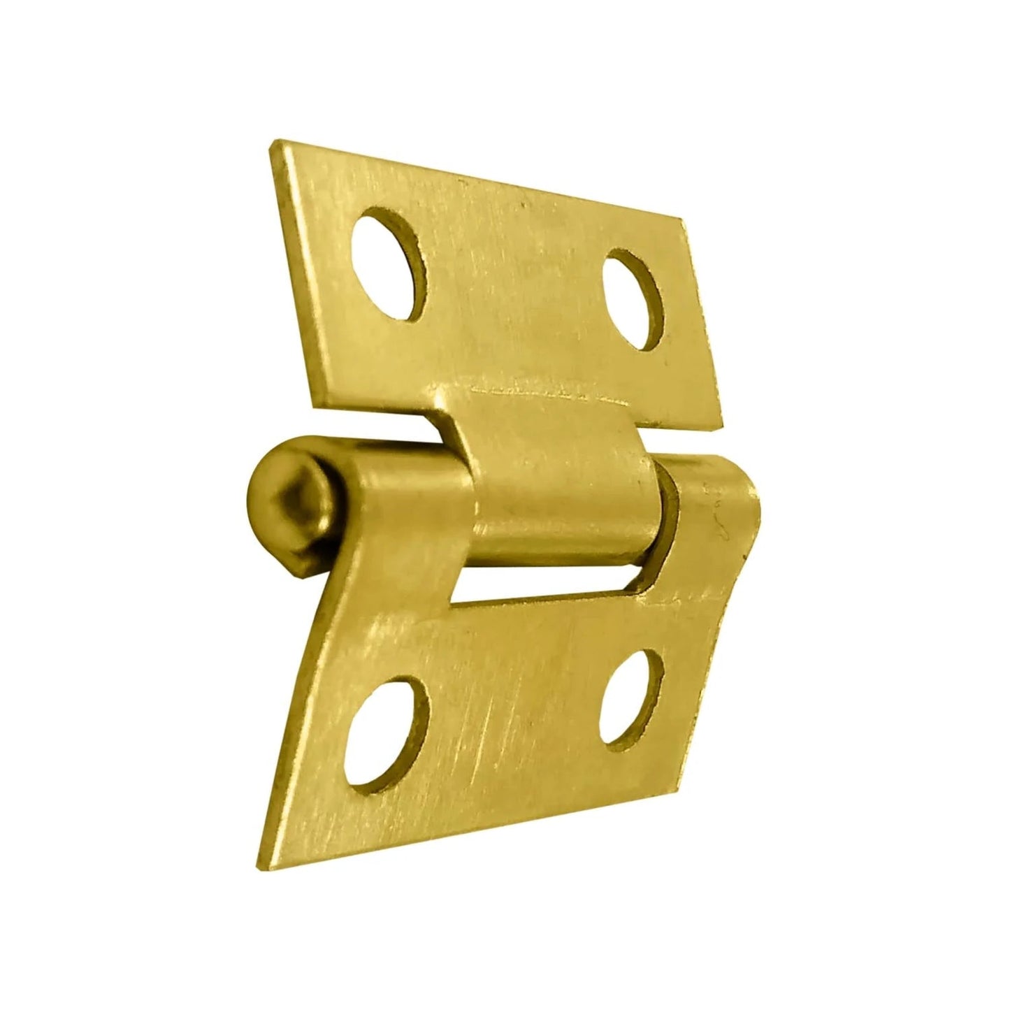 Bisagra de latón brillante dorada con diseño angular, cuatro perforaciones para tornillos, ideal para muebles