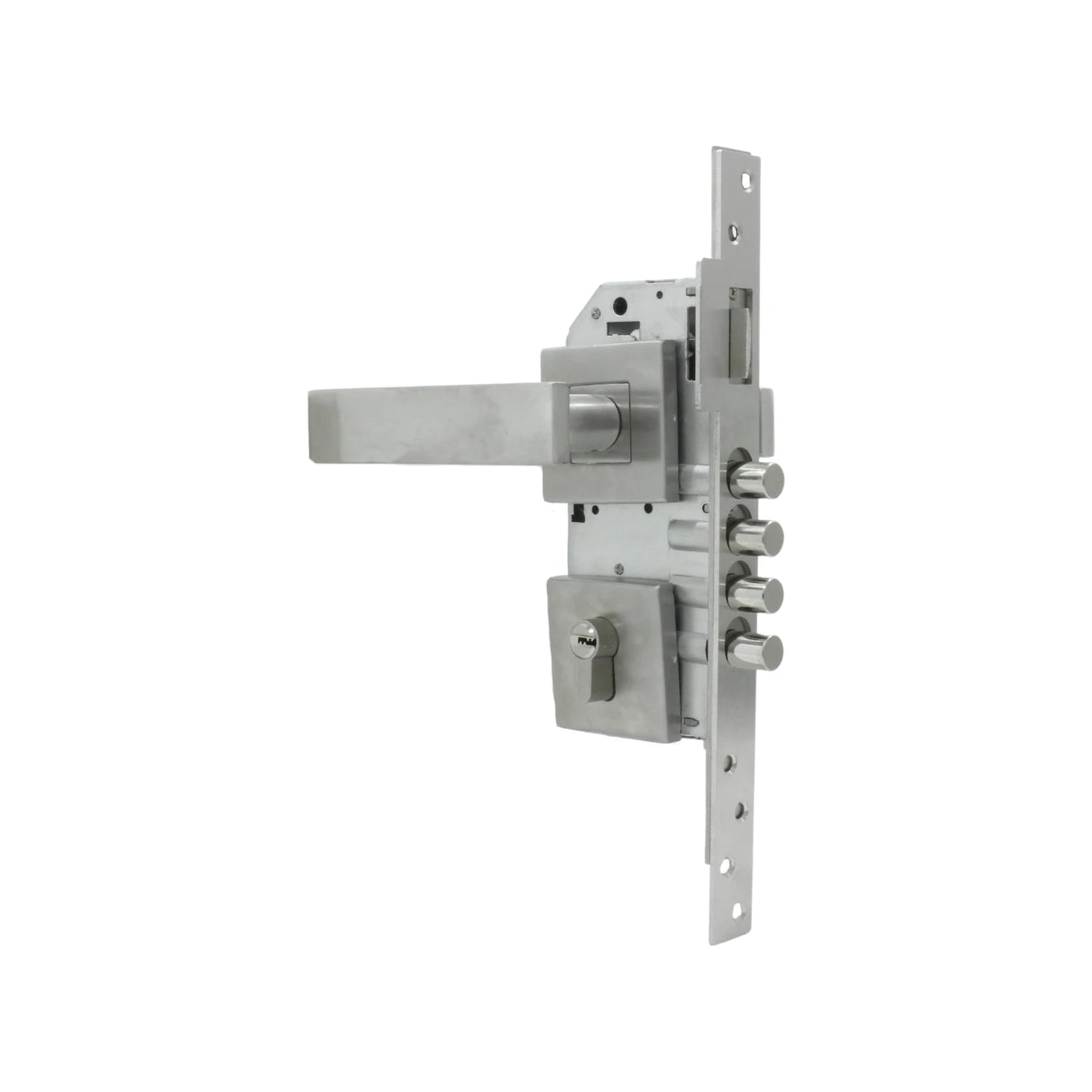 Cerradura de embutir de alta seguridad con pernos múltiples, pestillo y cilindro, acabado acero inoxidable para puerta