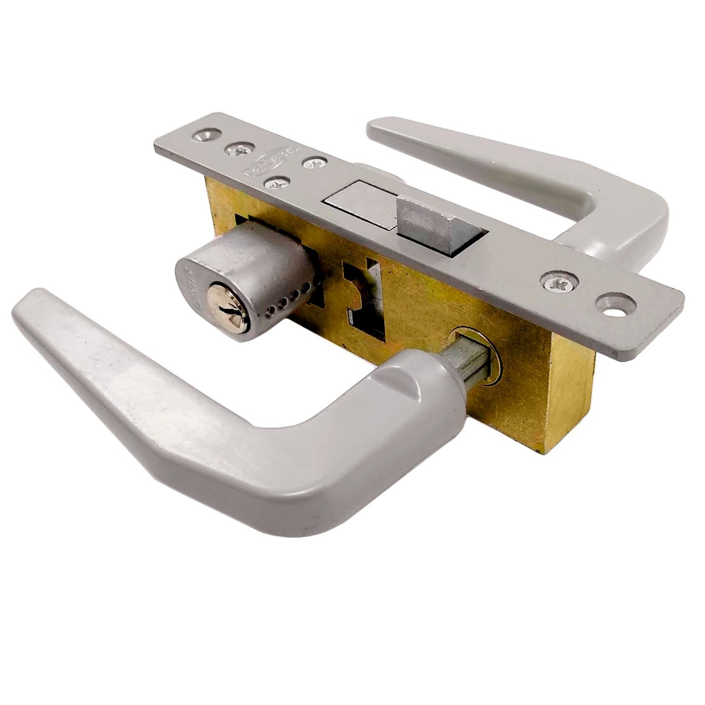 Cerradura de embutir Dexter para puerta de aluminio con manijas grises y mecanismo de latón.
