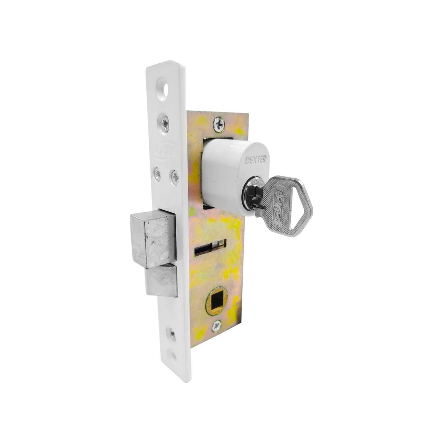 Cerradura Dexter blanca para puerta de aluminio, mecanismo embutido con cilindro y llave insertada