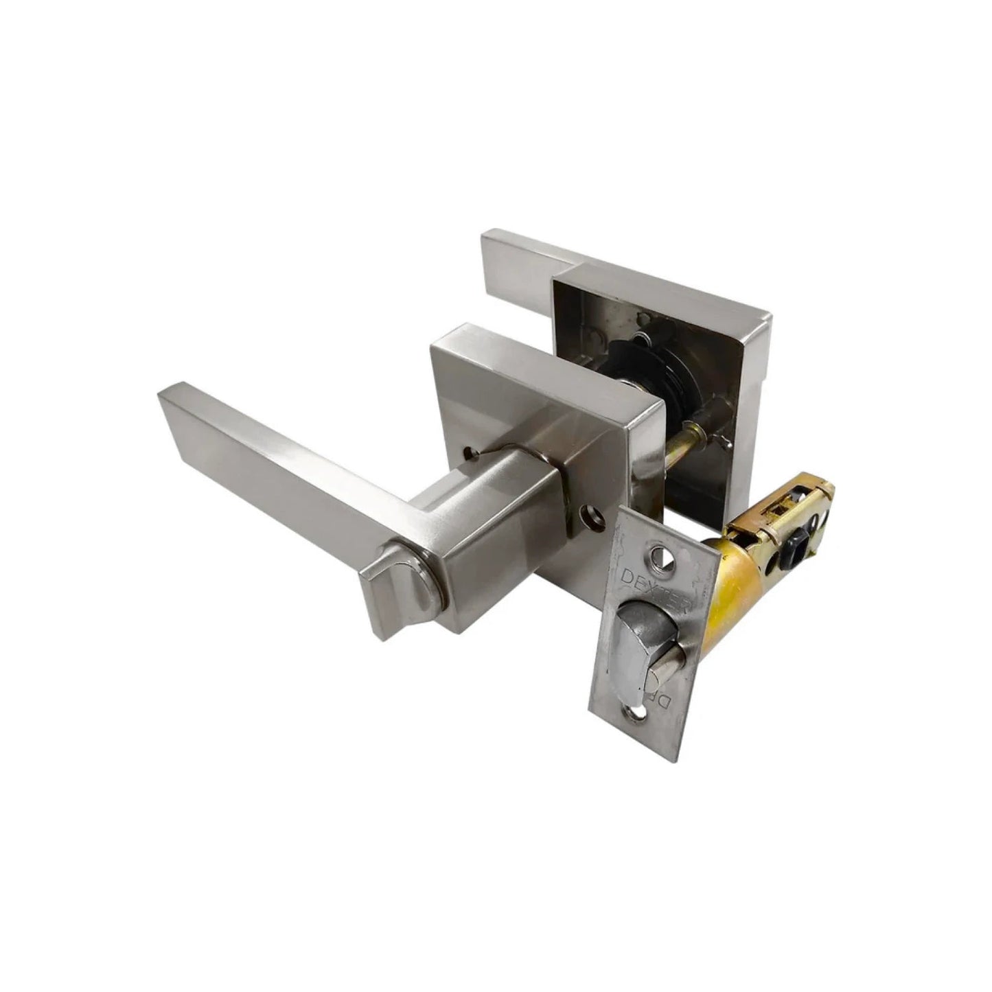 Chapa de puerta Dexter con manija de palanca y seguro de privacidad, cromo mate para recámara.