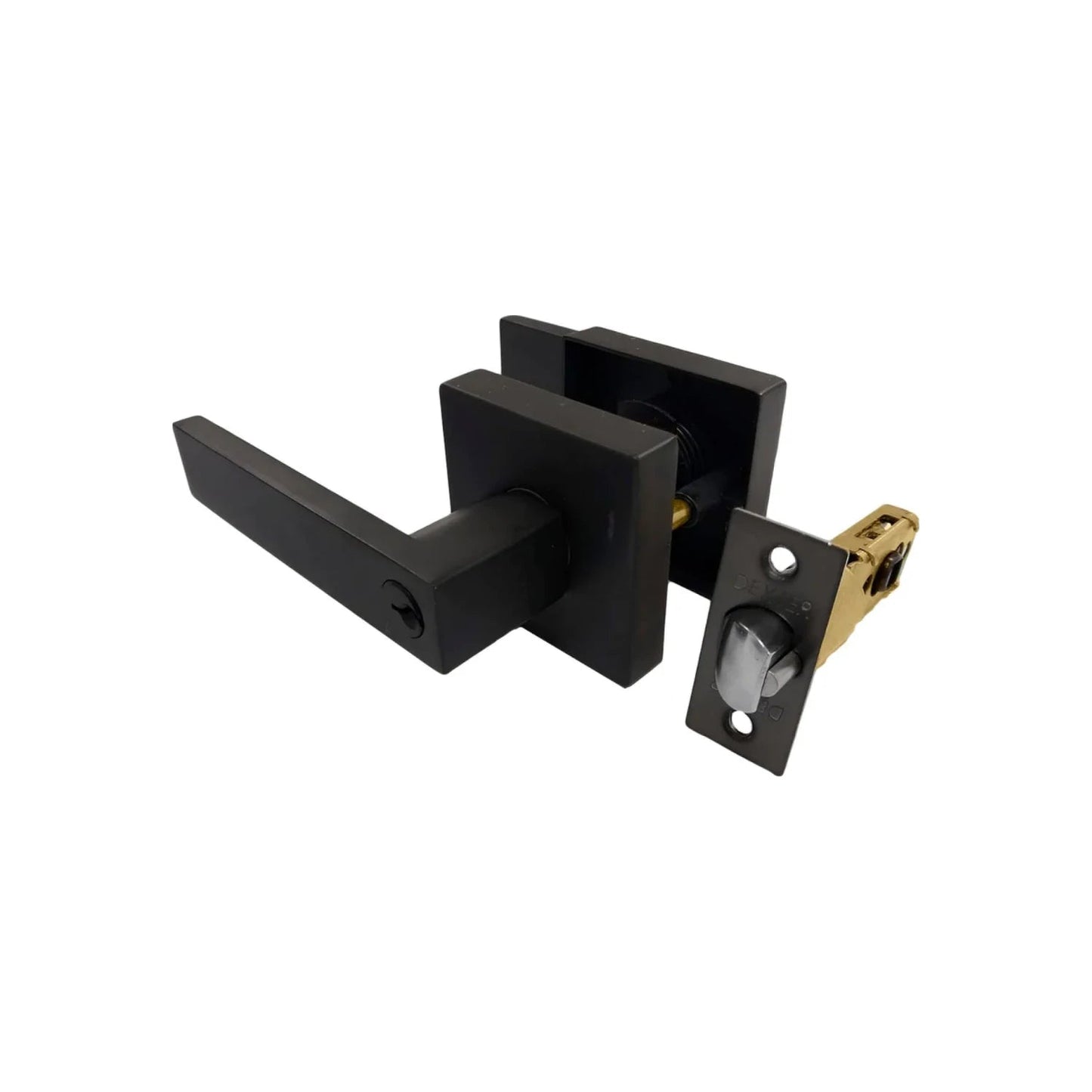 Cerradura Dexter de manija negra mate con palanca cuadrada moderna y pestillo para puerta interior de recámara.