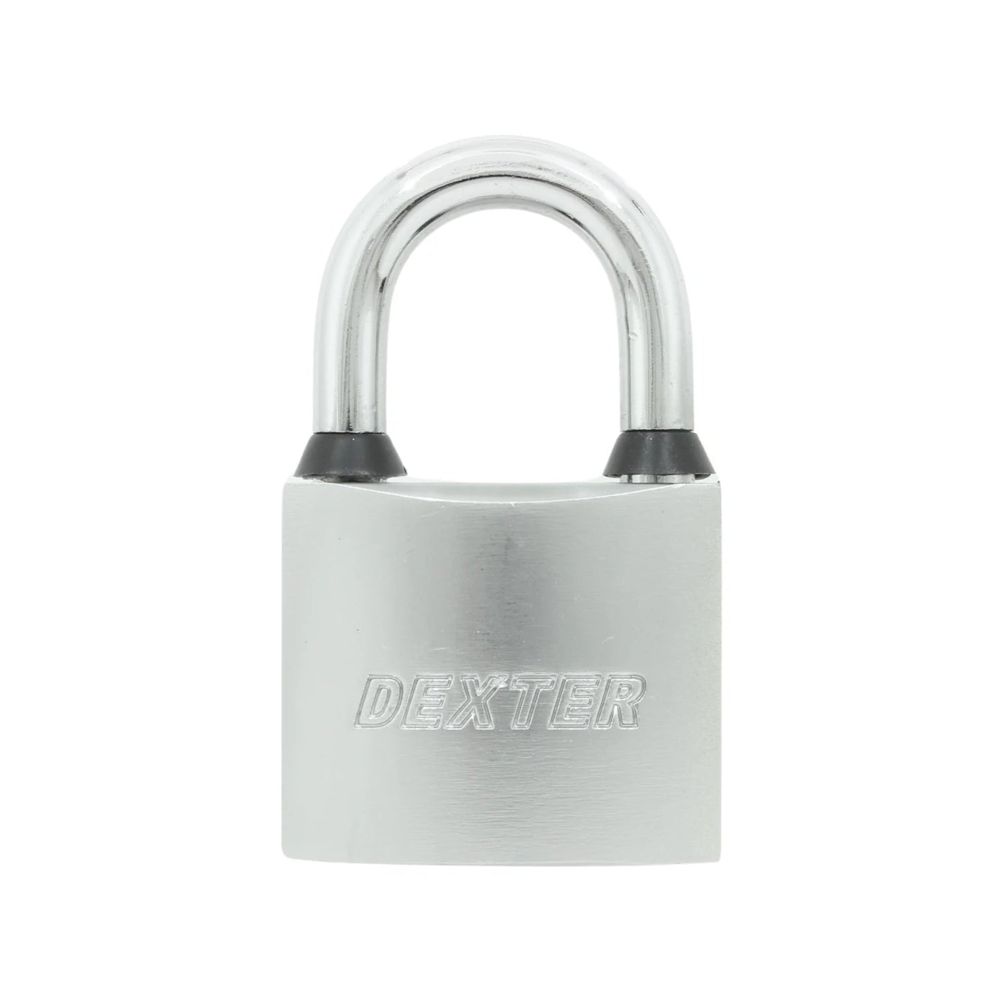Candado de seguridad Dexter 50mm plateado con cuerpo metálico y gancho corto de acero, para asegurar puertas y rejas.