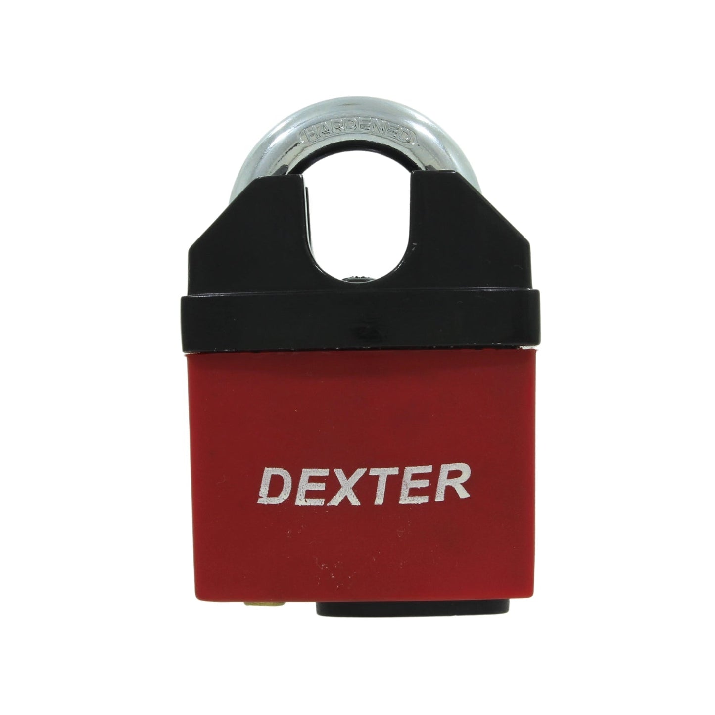 Candado de seguridad rojo Dexter con gancho acorazado endurecido, ideal para protección antirrobo.