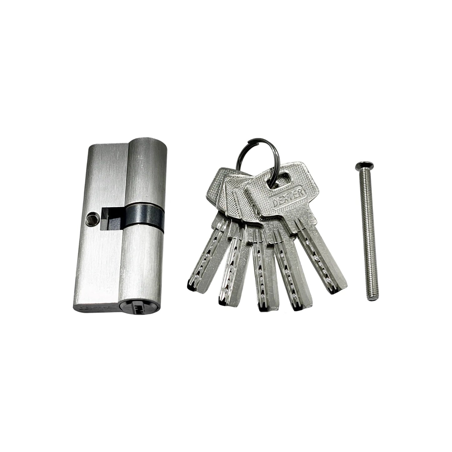 Cilindro de seguridad Dexter para cerradura, incluye 5 llaves y tornillo de montaje, acabado metálico.