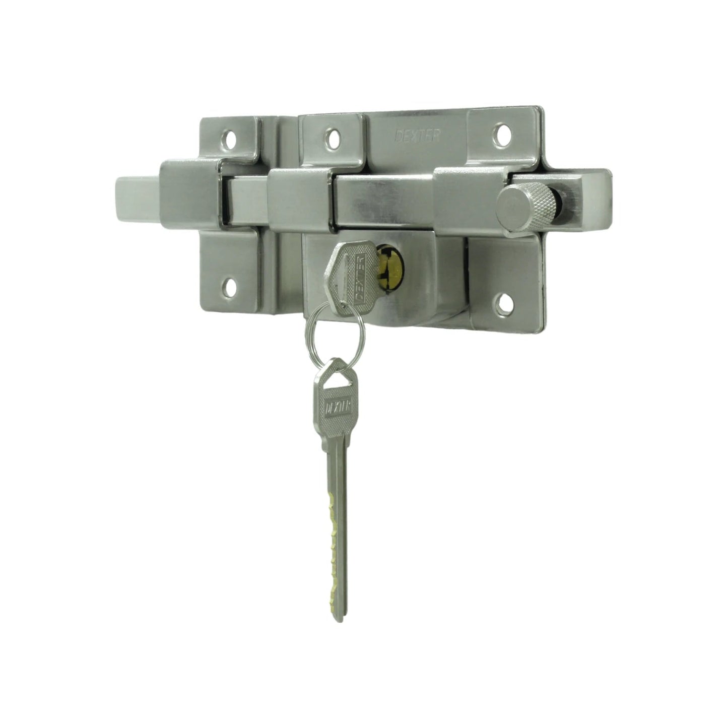Cerradura de barra fija izquierda Dexter con llave, acabado metálico plateado para puertas.