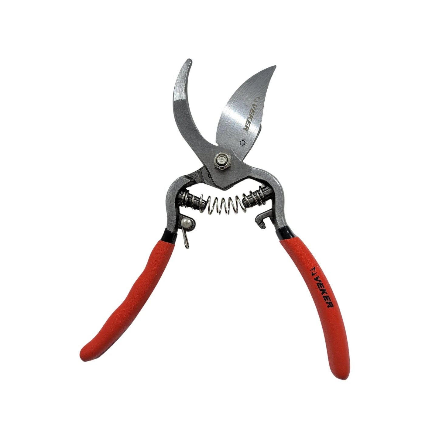 Podadora Veker con cuchillas de acero afiladas y mangos ergonómicos rojos para jardín.