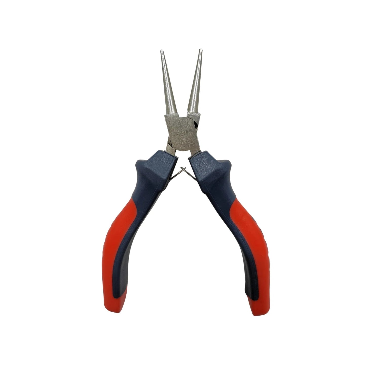 Pinza de punta redonda mini Veker 5" con mango ergonómico rojo y negro para joyería y artesanías.