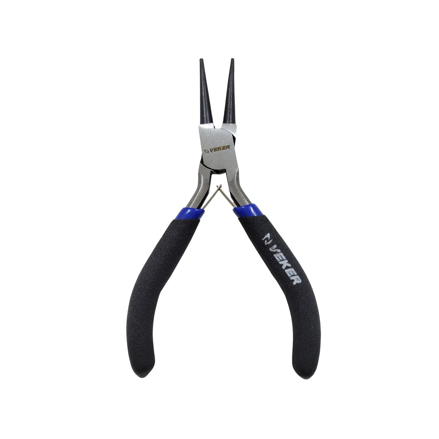 Pinza de punta redonda Veker mini con puntas negras y mangos ergonómicos azules/negros para joyería y manualidades